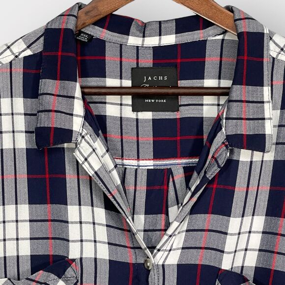 JACHS Girlfriend Button Up Top Women Size XXL Navy Red Plaid Cap Sleeve Pockets - Picture 7 of 11